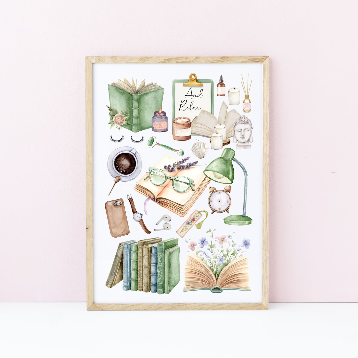 Bedroom Book print, relaxing, candles, wellness reading coffee mood board style Wall Art (unframed)