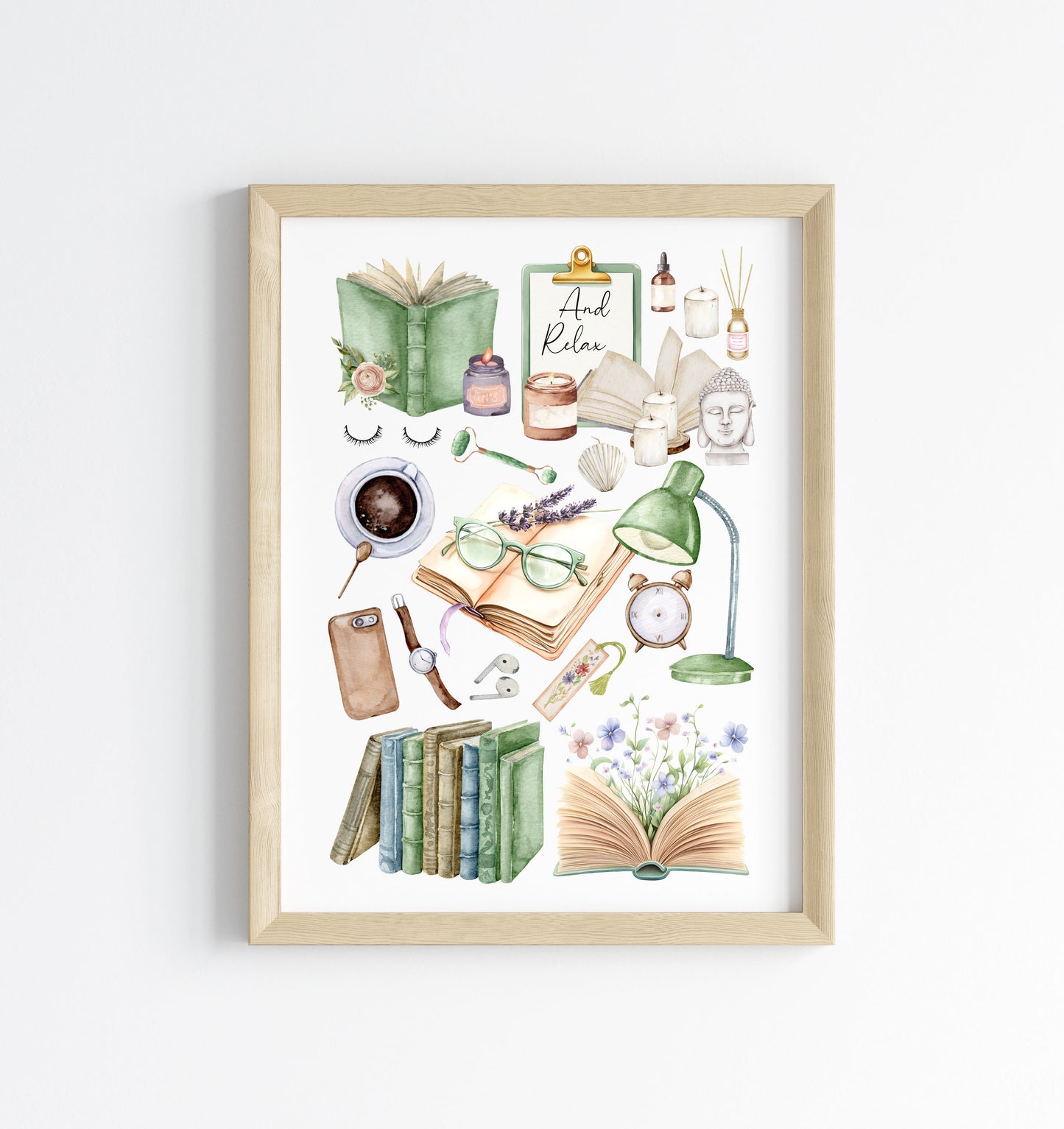 Bedroom Book print, relaxing, candles, wellness reading coffee mood board style Wall Art (unframed)