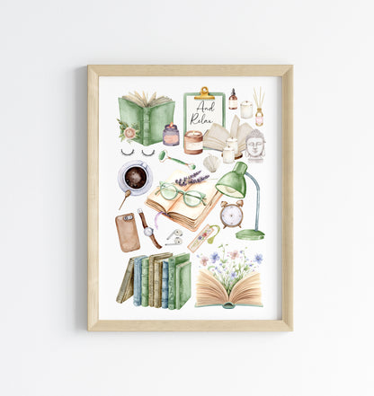 Bedroom Book print, relaxing, candles, wellness reading coffee mood board style Wall Art (unframed)