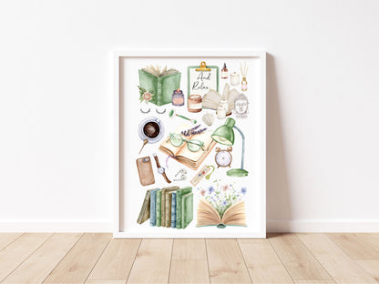 Bedroom Book print, relaxing, candles, wellness reading coffee mood board style Wall Art (unframed)