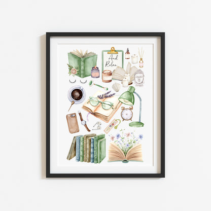 Bedroom Book print, relaxing, candles, wellness reading coffee mood board style Wall Art (unframed)