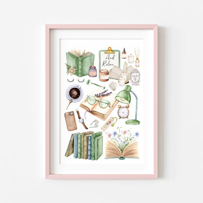 Bedroom Book print, relaxing, candles, wellness reading coffee mood board style Wall Art (unframed)