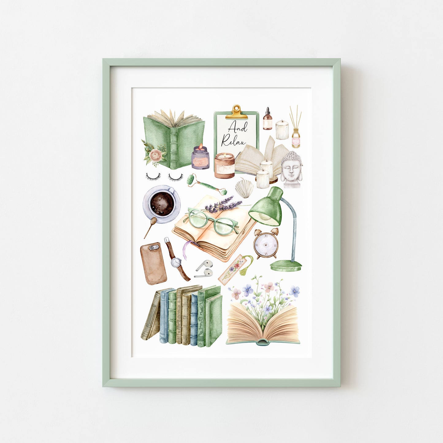 Bedroom Book print, relaxing, candles, wellness reading coffee mood board style Wall Art (unframed)
