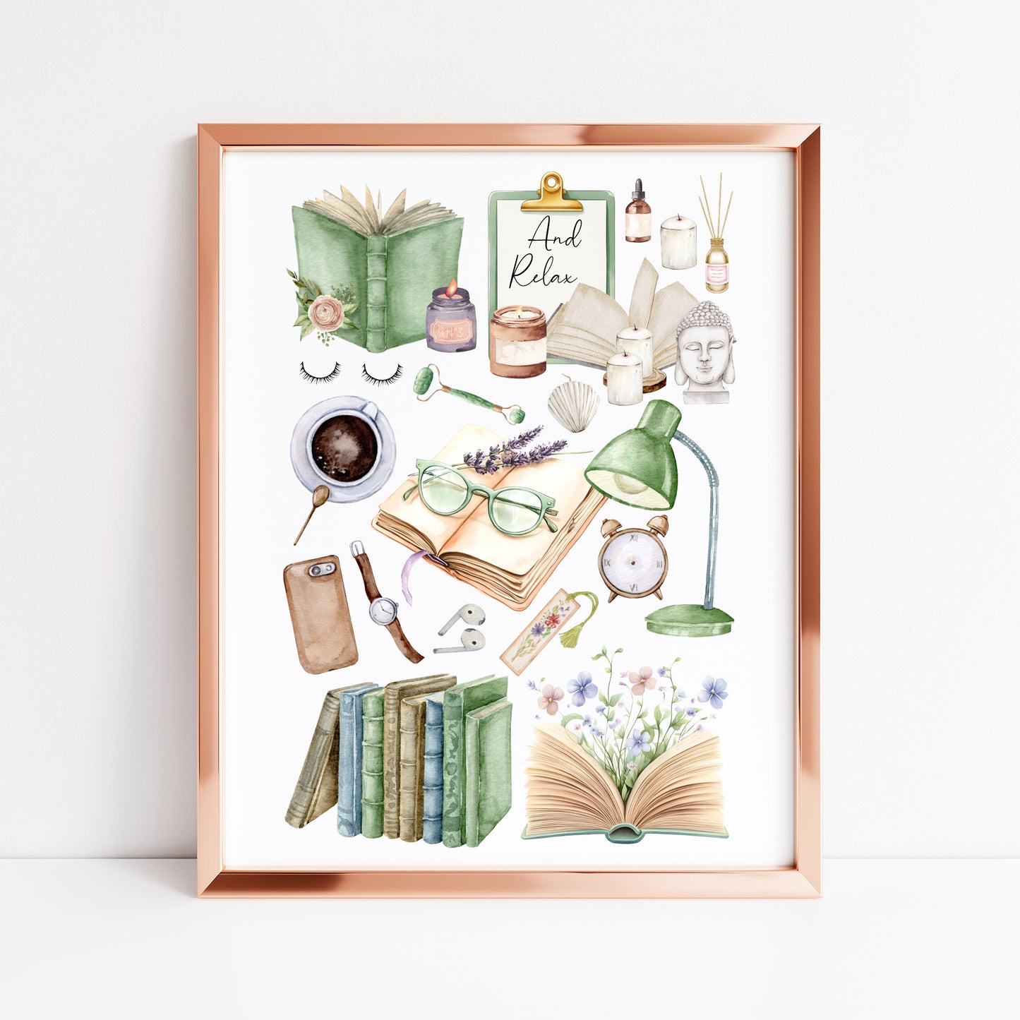 Bedroom Book print, relaxing, candles, wellness reading coffee mood board style Wall Art (unframed)