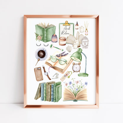 Bedroom Book print, relaxing, candles, wellness reading coffee mood board style Wall Art (unframed)