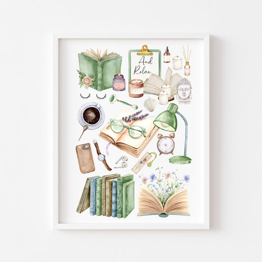 Bedroom Book print, relaxing, candles, wellness reading coffee mood board style Wall Art (unframed)