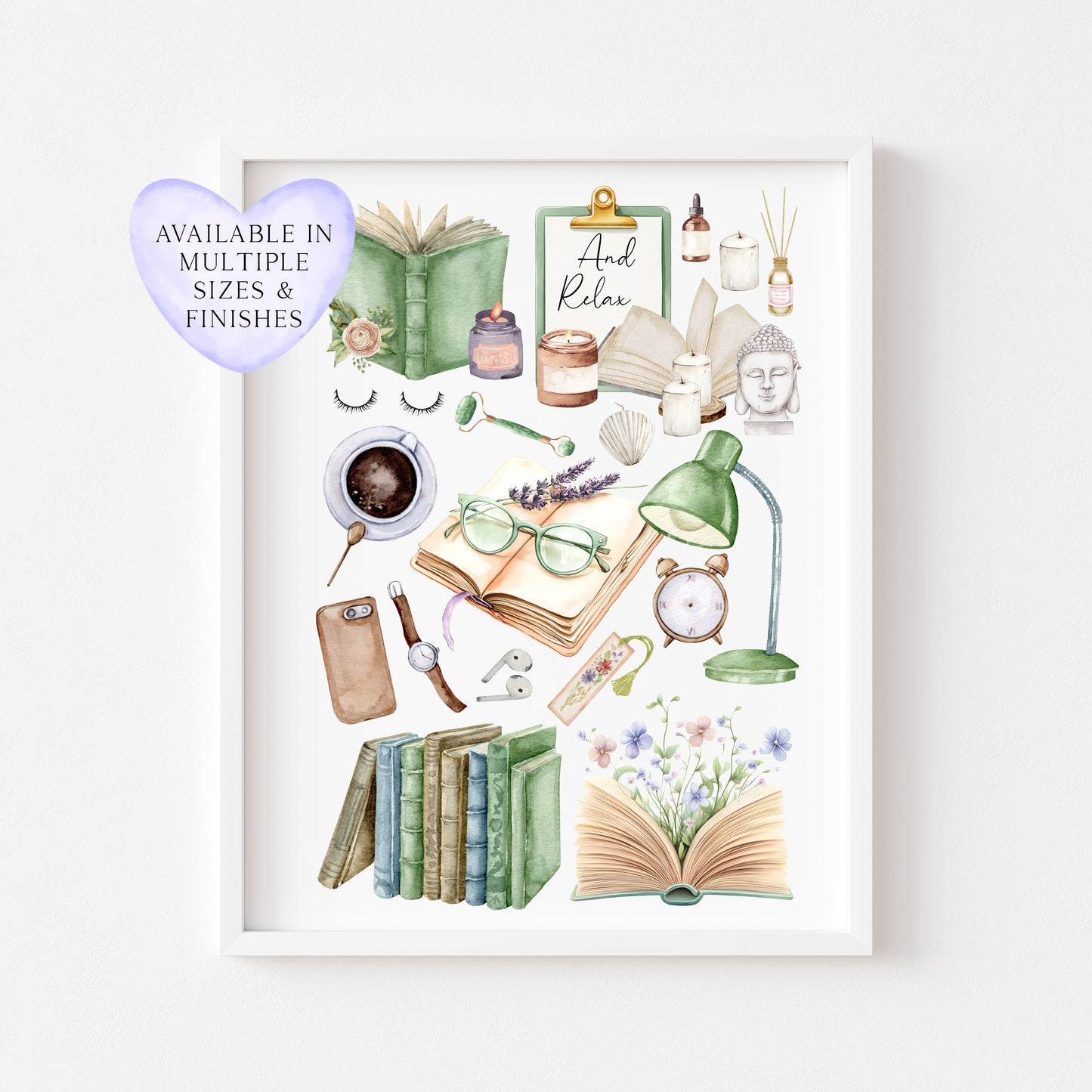 Bedroom Book print, relaxing, candles, wellness reading coffee mood board style Wall Art (unframed)