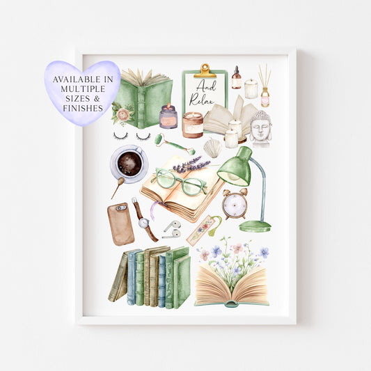 Bedroom Book print, relaxing, candles, wellness reading coffee mood board style Wall Art (unframed)