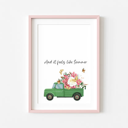And it feels like summer watercolour green floral truck and butterflies home summer unframed wall art poster print