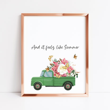 And it feels like summer watercolour green floral truck and butterflies home summer unframed wall art poster print