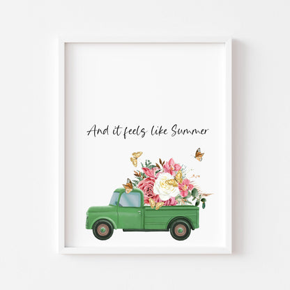 And it feels like summer watercolour green floral truck and butterflies home summer unframed wall art poster print