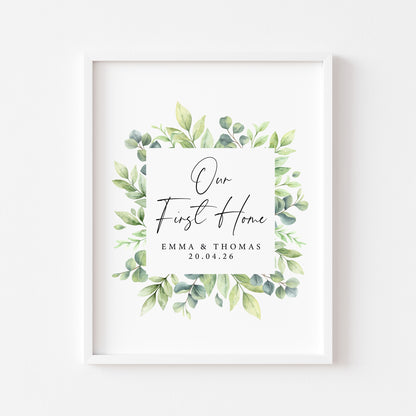 Personalised First / New Home Print green wreath watercolour New House Gift, Wall Art (unframed)