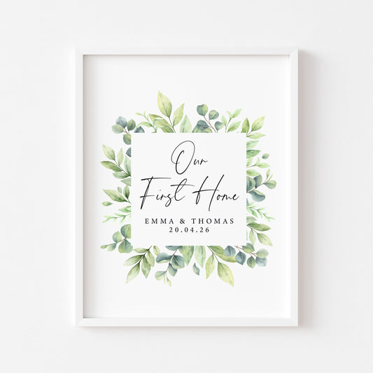 Personalised First / New Home Print green wreath watercolour New House Gift, Wall Art (unframed)