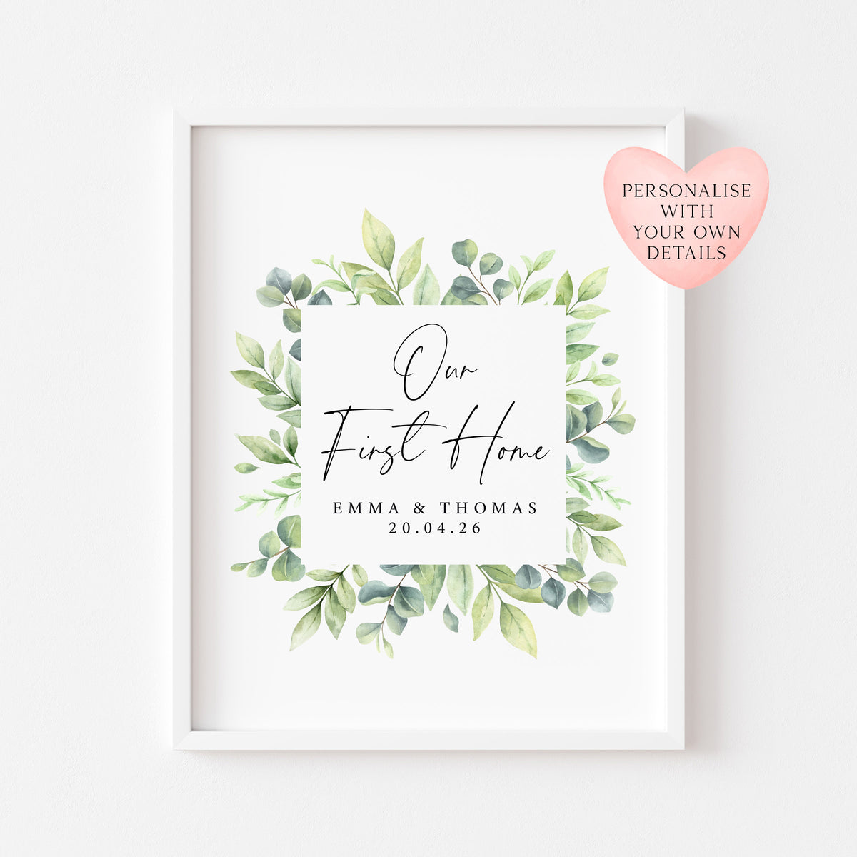 Personalised First / New Home Print green wreath watercolour New House Gift, Wall Art (unframed)