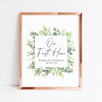 Personalised First / New Home Print green wreath watercolour New House Gift, Wall Art (unframed)