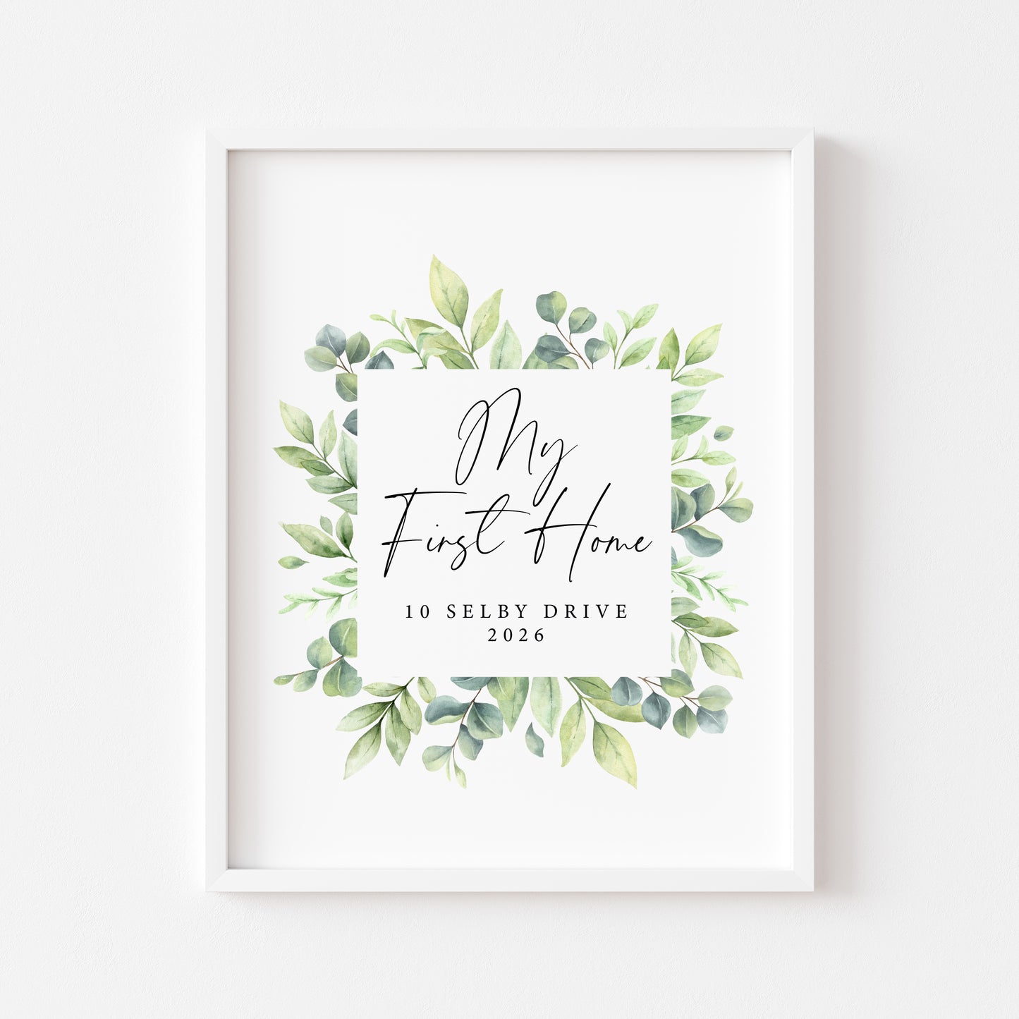 Personalised First / New Home Print green wreath watercolour New House Gift, Wall Art (unframed)