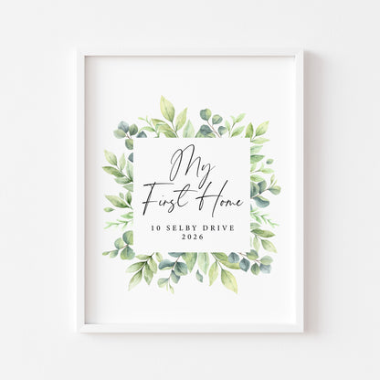 Personalised First / New Home Print green wreath watercolour New House Gift, Wall Art (unframed)