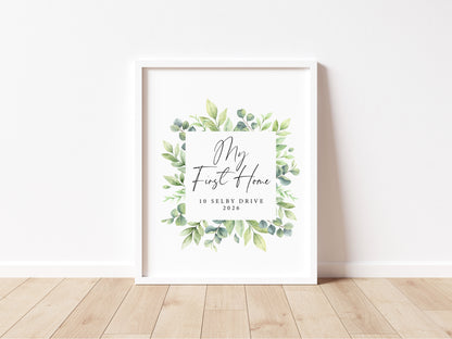 Personalised First / New Home Print green wreath watercolour New House Gift, Wall Art (unframed)