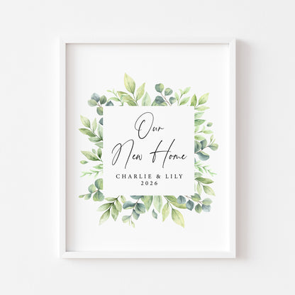 Personalised First / New Home Print green wreath watercolour New House Gift, Wall Art (unframed)