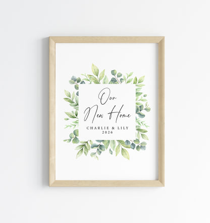 Personalised First / New Home Print green wreath watercolour New House Gift, Wall Art (unframed)