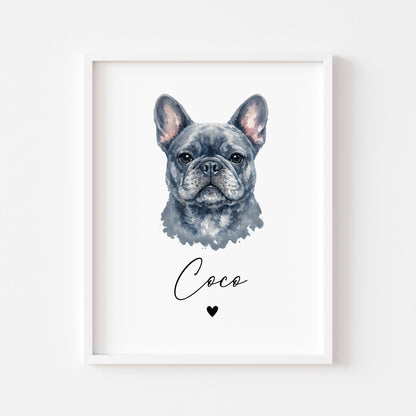 Personalised French Bulldog  Print Custom Frenchie Name Pet portrait - 8 colours, unframed wall art