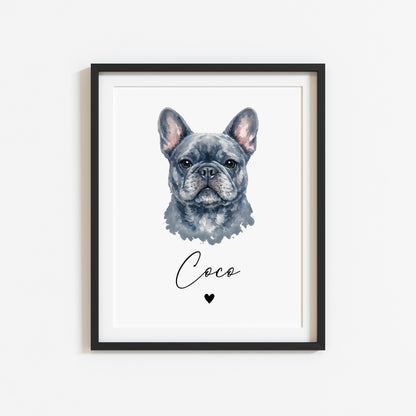 Personalised French Bulldog  Print Custom Frenchie Name Pet portrait - 8 colours, unframed wall art