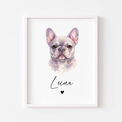 Personalised French Bulldog  Print Custom Frenchie Name Pet portrait - 8 colours, unframed wall art