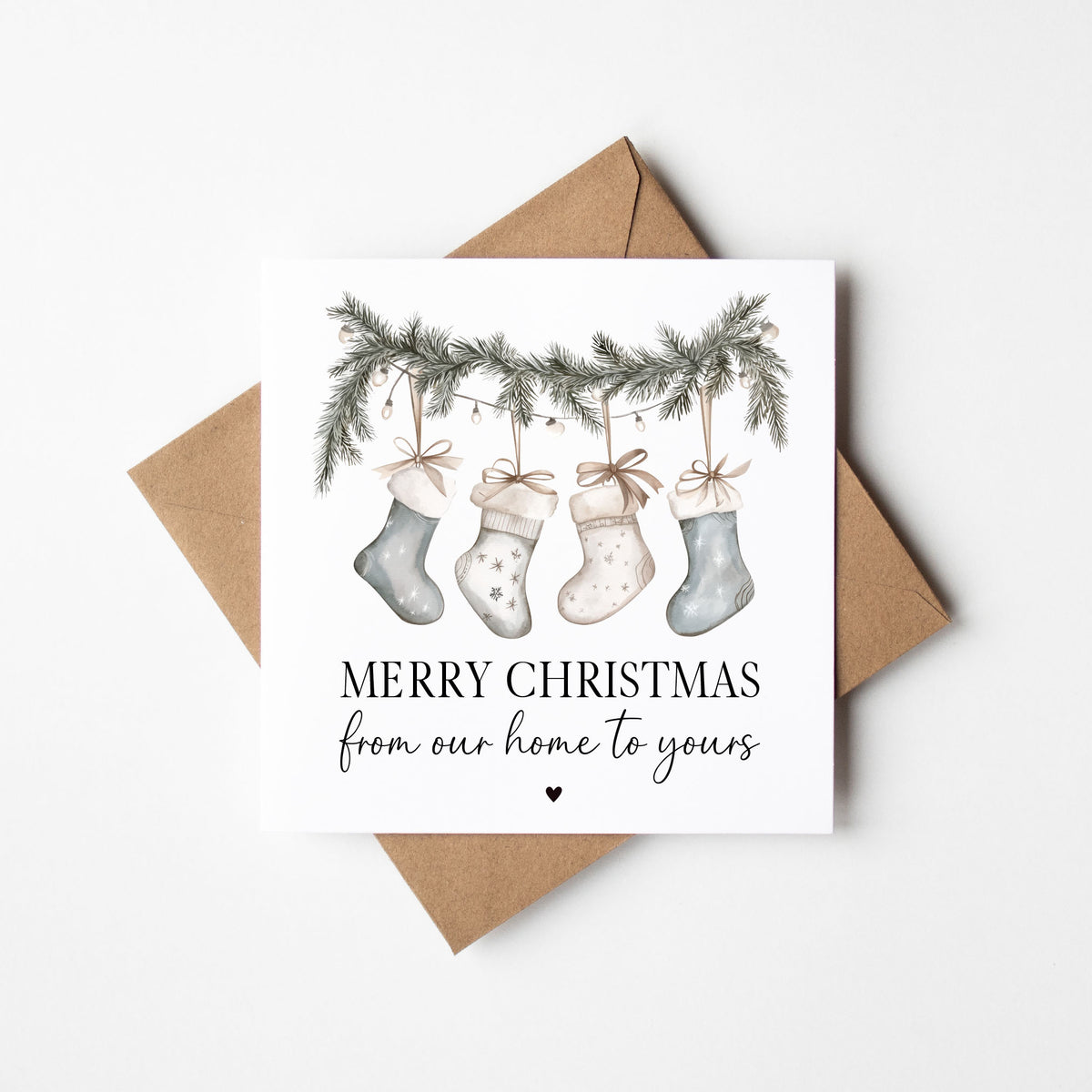 Festive stockings grey blue hanging xmas wreath from our home to yours Christmas Card