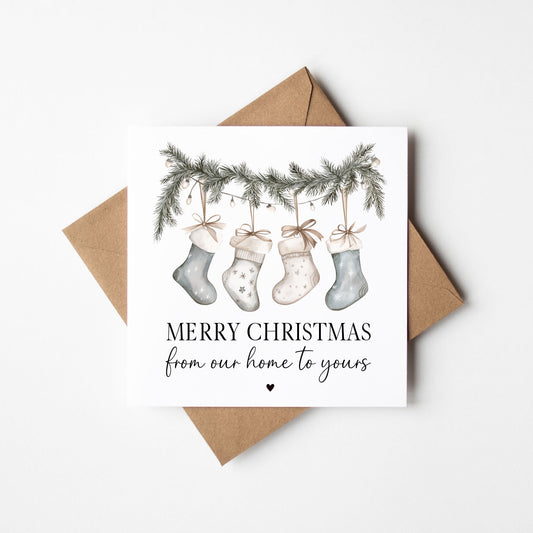 Festive stockings grey blue hanging xmas wreath from our home to yours Christmas Card