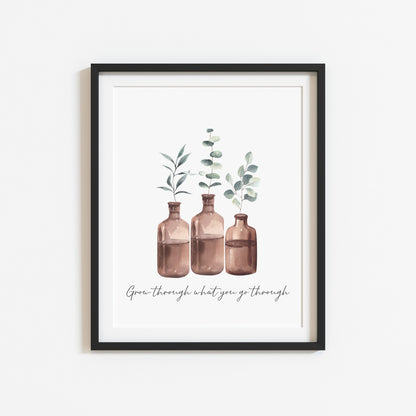 Grow through what you go through watercolour bottled plants style unframed wall art poster print