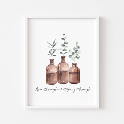 Grow through what you go through watercolour bottled plants style unframed wall art poster print