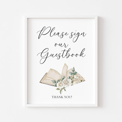 Guest book, please sign white roses wedding day sign Decor (Unframed)