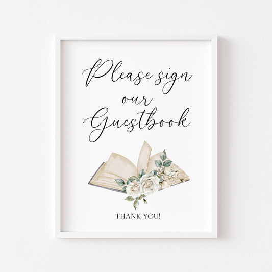 Guest book, please sign white roses wedding day sign Decor (Unframed)