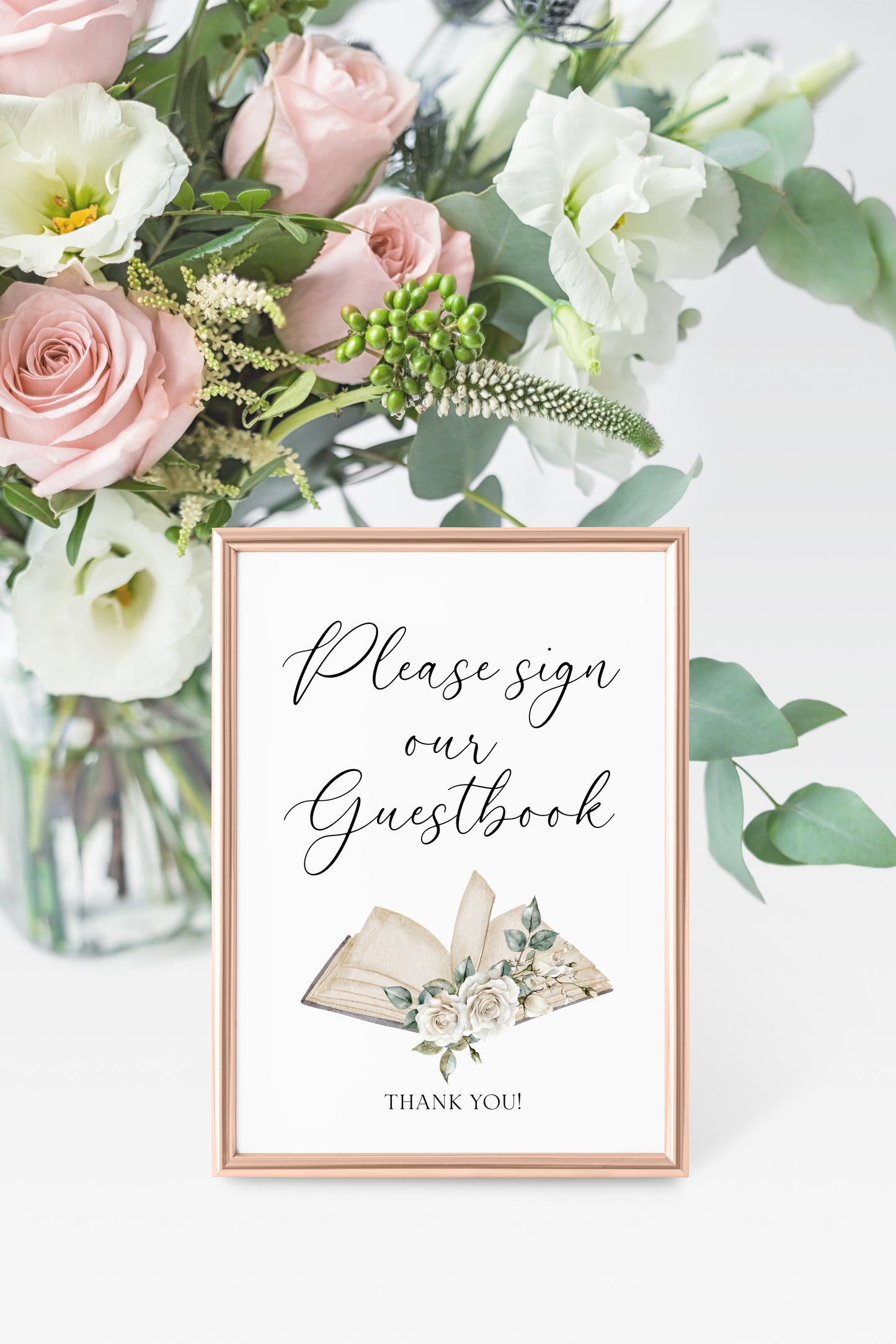 Guest book, please sign white roses wedding day sign Decor (Unframed)