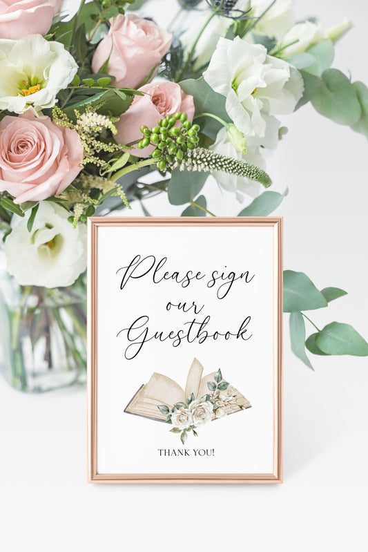Guest book, please sign white roses wedding day sign Decor (Unframed)