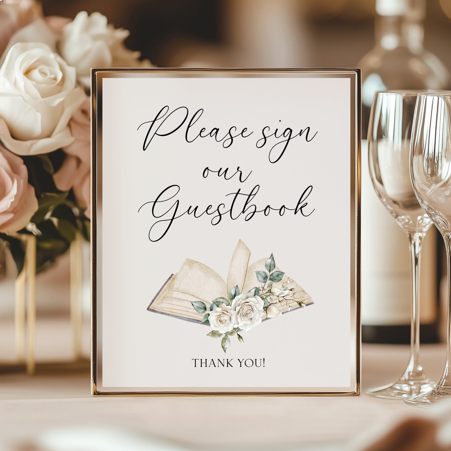 Guest book, please sign white roses wedding day sign Decor (Unframed)
