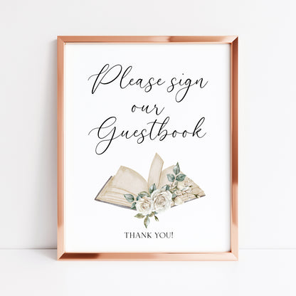 Guest book, please sign white roses wedding day sign Decor (Unframed)