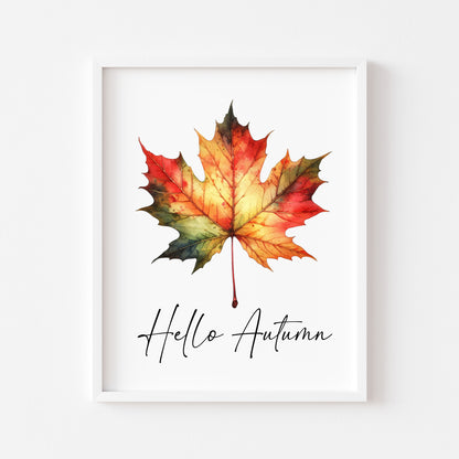 Hello Autumn orange red autumn leaf watercolour seasonal home unframed wall art poster print