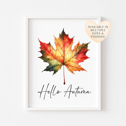 Hello Autumn orange red autumn leaf watercolour seasonal home unframed wall art poster print