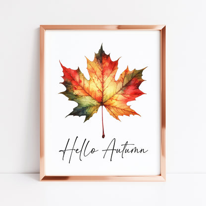 Hello Autumn orange red autumn leaf watercolour seasonal home unframed wall art poster print