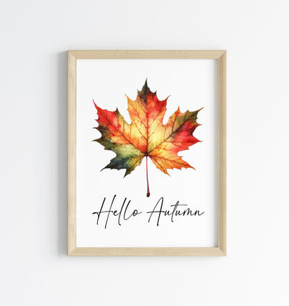 Hello Autumn orange red autumn leaf watercolour seasonal home unframed wall art poster print