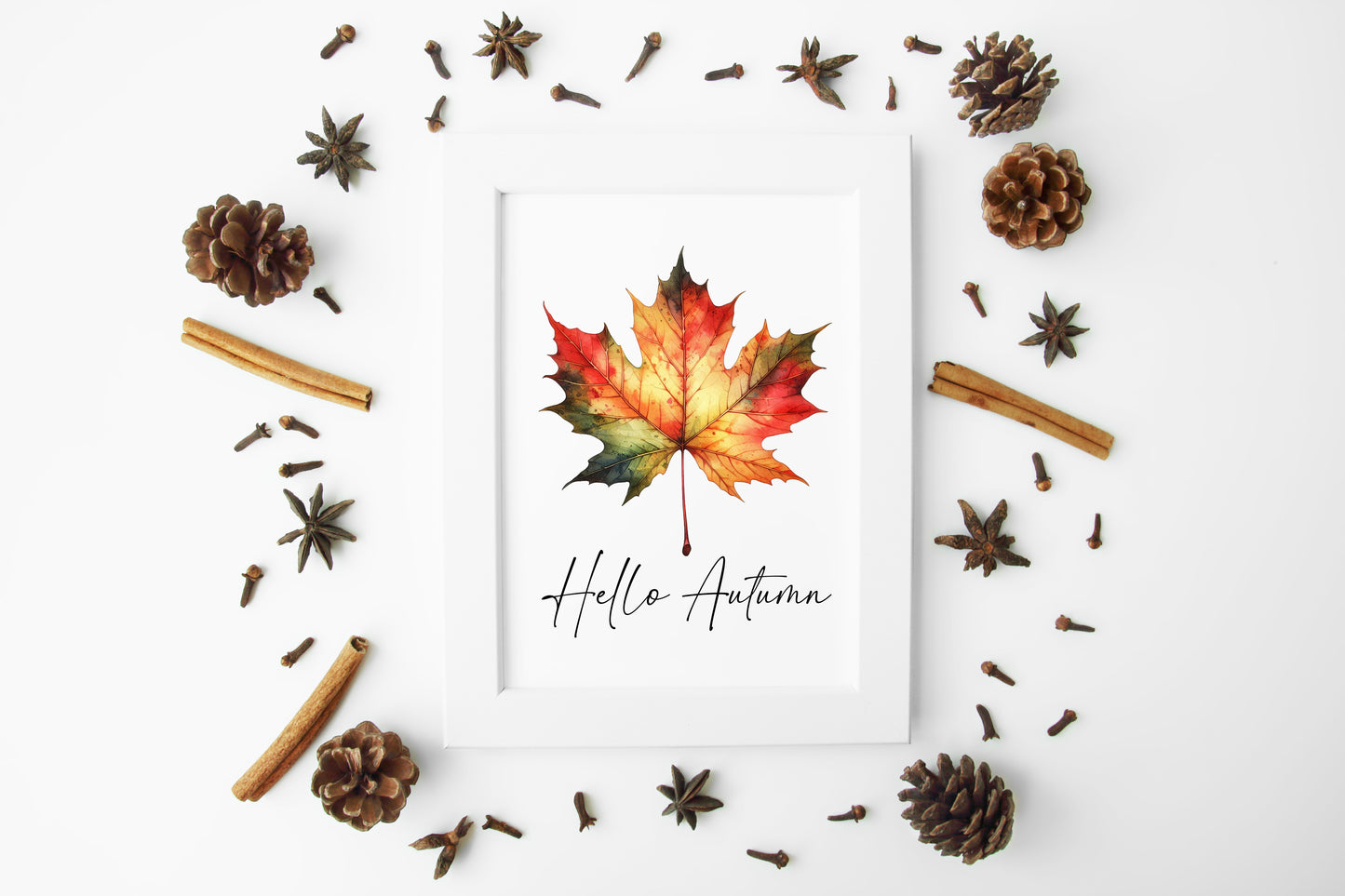 Hello Autumn orange red autumn leaf watercolour seasonal home unframed wall art poster print