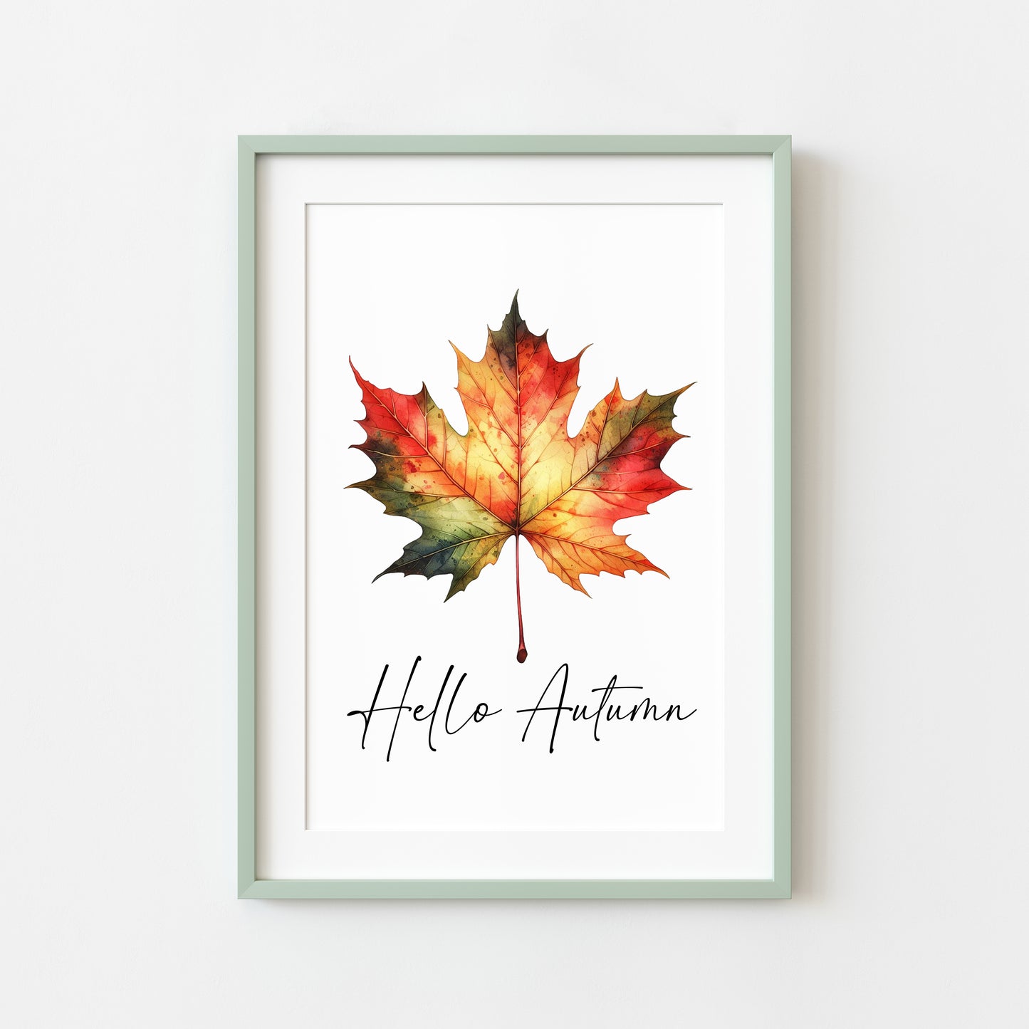 Hello Autumn orange red autumn leaf watercolour seasonal home unframed wall art poster print