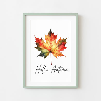 Hello Autumn orange red autumn leaf watercolour seasonal home unframed wall art poster print
