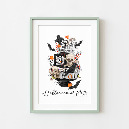 Halloween at no.15 personalised house number halloween spooky halloween unframed print, halloween home decor, halloween tray, halloween art