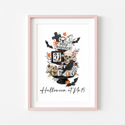 Halloween at no.15 personalised house number halloween spooky halloween unframed print, halloween home decor, halloween tray, halloween art