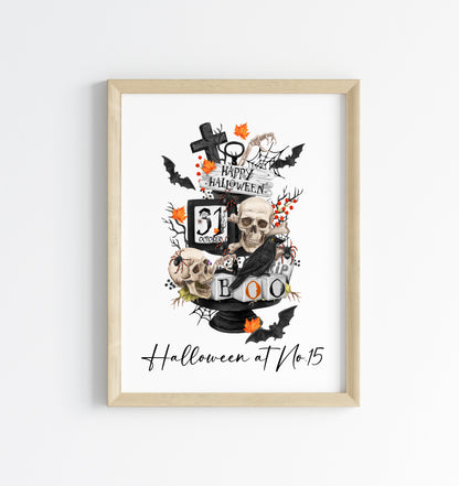 Halloween at no.15 personalised house number halloween spooky halloween unframed print, halloween home decor, halloween tray, halloween art