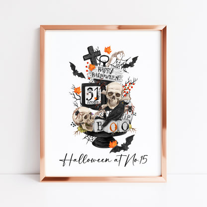 Halloween at no.15 personalised house number halloween spooky halloween unframed print, halloween home decor, halloween tray, halloween art