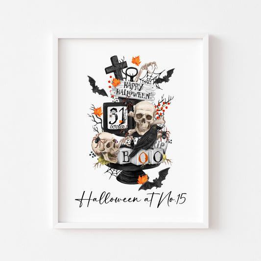 Halloween at no.15 personalised house number halloween spooky halloween unframed print, halloween home decor, halloween tray, halloween art