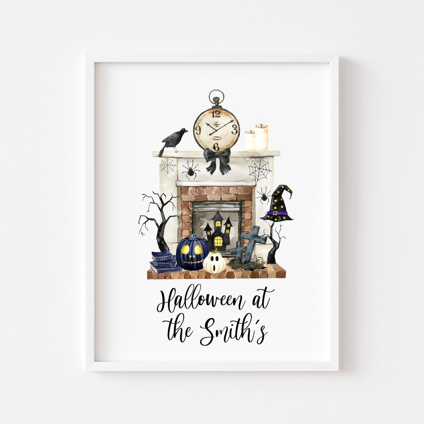 Halloween at the, spooky vibes at the personalised family halloween fireplace seasonal unframed wall art poster print
